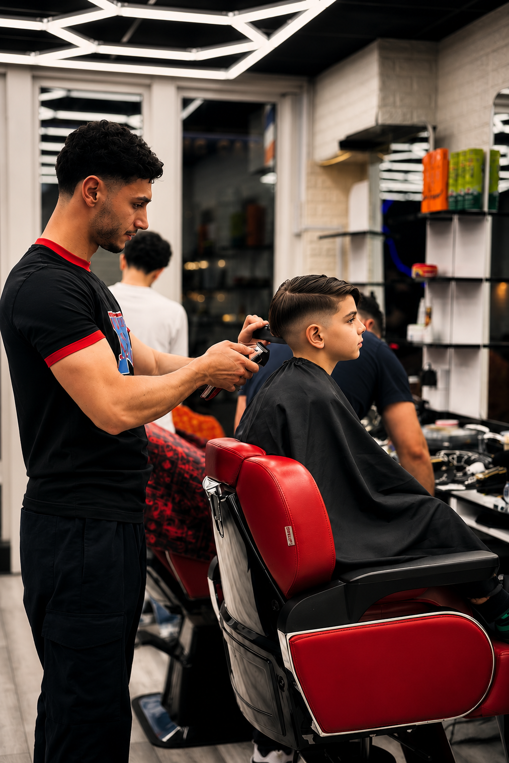 Kids haircut in progress at Golden Scissors barbershop